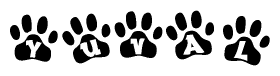 The image shows a series of animal paw prints arranged horizontally. Within each paw print, there's a letter; together they spell Yuval