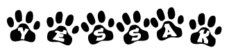 The image shows a series of animal paw prints arranged horizontally. Within each paw print, there's a letter; together they spell Yessak