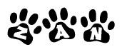 The image shows a row of animal paw prints, each containing a letter. The letters spell out the word Zan within the paw prints.