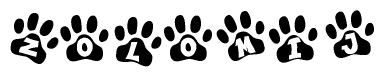 The image shows a series of animal paw prints arranged in a horizontal line. Each paw print contains a letter, and together they spell out the word Zolomij.