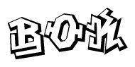The image is a stylized representation of the letters Bok designed to mimic the look of graffiti text. The letters are bold and have a three-dimensional appearance, with emphasis on angles and shadowing effects.