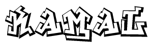 The image is a stylized representation of the letters Kamal designed to mimic the look of graffiti text. The letters are bold and have a three-dimensional appearance, with emphasis on angles and shadowing effects.
