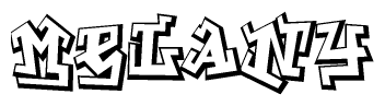 The clipart image depicts the word Melany in a style reminiscent of graffiti. The letters are drawn in a bold, block-like script with sharp angles and a three-dimensional appearance.