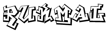 The image is a stylized representation of the letters Rukmal designed to mimic the look of graffiti text. The letters are bold and have a three-dimensional appearance, with emphasis on angles and shadowing effects.