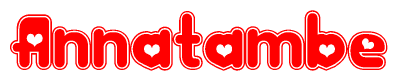 The image is a red and white graphic with the word Annatambe written in a decorative script. Each letter in  is contained within its own outlined bubble-like shape. Inside each letter, there is a white heart symbol.