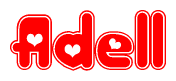 The image is a red and white graphic with the word Adell written in a decorative script. Each letter in  is contained within its own outlined bubble-like shape. Inside each letter, there is a white heart symbol.