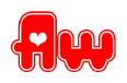 The image is a red and white graphic with the word Aw written in a decorative script. Each letter in  is contained within its own outlined bubble-like shape. Inside each letter, there is a white heart symbol.