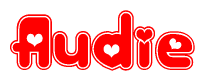 The image displays the word Audie written in a stylized red font with hearts inside the letters.