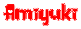 The image is a red and white graphic with the word Amiyuki written in a decorative script. Each letter in  is contained within its own outlined bubble-like shape. Inside each letter, there is a white heart symbol.