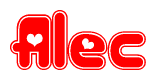 The image is a red and white graphic with the word Alec written in a decorative script. Each letter in  is contained within its own outlined bubble-like shape. Inside each letter, there is a white heart symbol.