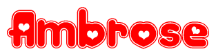 The image is a clipart featuring the word Ambrose written in a stylized font with a heart shape replacing inserted into the center of each letter. The color scheme of the text and hearts is red with a light outline.