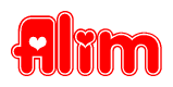 The image is a clipart featuring the word Alim written in a stylized font with a heart shape replacing inserted into the center of each letter. The color scheme of the text and hearts is red with a light outline.