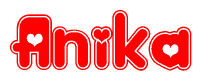 The image is a red and white graphic with the word Anika written in a decorative script. Each letter in  is contained within its own outlined bubble-like shape. Inside each letter, there is a white heart symbol.