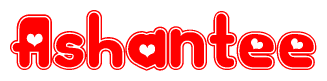 The image is a red and white graphic with the word Ashantee written in a decorative script. Each letter in  is contained within its own outlined bubble-like shape. Inside each letter, there is a white heart symbol.