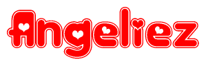 The image is a clipart featuring the word Angeliez written in a stylized font with a heart shape replacing inserted into the center of each letter. The color scheme of the text and hearts is red with a light outline.