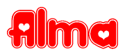 The image is a red and white graphic with the word Alma written in a decorative script. Each letter in  is contained within its own outlined bubble-like shape. Inside each letter, there is a white heart symbol.