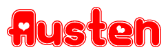 The image is a clipart featuring the word Austen written in a stylized font with a heart shape replacing inserted into the center of each letter. The color scheme of the text and hearts is red with a light outline.