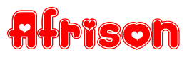 The image is a red and white graphic with the word Afrison written in a decorative script. Each letter in  is contained within its own outlined bubble-like shape. Inside each letter, there is a white heart symbol.