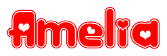 The image is a red and white graphic with the word Amelia written in a decorative script. Each letter in  is contained within its own outlined bubble-like shape. Inside each letter, there is a white heart symbol.