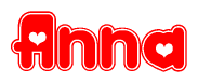 The image is a clipart featuring the word Anna written in a stylized font with a heart shape replacing inserted into the center of each letter. The color scheme of the text and hearts is red with a light outline.