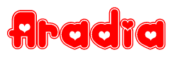 The image is a red and white graphic with the word Aradia written in a decorative script. Each letter in  is contained within its own outlined bubble-like shape. Inside each letter, there is a white heart symbol.