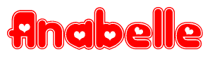 The image is a red and white graphic with the word Anabelle written in a decorative script. Each letter in  is contained within its own outlined bubble-like shape. Inside each letter, there is a white heart symbol.