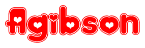 The image is a clipart featuring the word Agibson written in a stylized font with a heart shape replacing inserted into the center of each letter. The color scheme of the text and hearts is red with a light outline.