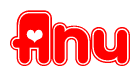 The image is a red and white graphic with the word Anu written in a decorative script. Each letter in  is contained within its own outlined bubble-like shape. Inside each letter, there is a white heart symbol.