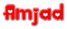 The image is a red and white graphic with the word Amjad written in a decorative script. Each letter in  is contained within its own outlined bubble-like shape. Inside each letter, there is a white heart symbol.