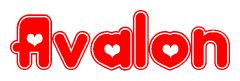 The image is a clipart featuring the word Avalon written in a stylized font with a heart shape replacing inserted into the center of each letter. The color scheme of the text and hearts is red with a light outline.