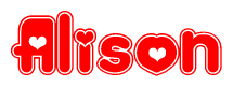 The image is a red and white graphic with the word Alison written in a decorative script. Each letter in  is contained within its own outlined bubble-like shape. Inside each letter, there is a white heart symbol.