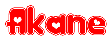 The image is a red and white graphic with the word Akane written in a decorative script. Each letter in  is contained within its own outlined bubble-like shape. Inside each letter, there is a white heart symbol.