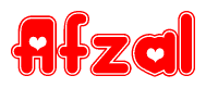The image is a clipart featuring the word Afzal written in a stylized font with a heart shape replacing inserted into the center of each letter. The color scheme of the text and hearts is red with a light outline.