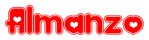 The image is a red and white graphic with the word Almanzo written in a decorative script. Each letter in  is contained within its own outlined bubble-like shape. Inside each letter, there is a white heart symbol.