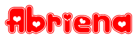 The image is a red and white graphic with the word Abriena written in a decorative script. Each letter in  is contained within its own outlined bubble-like shape. Inside each letter, there is a white heart symbol.