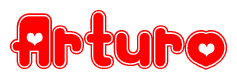 The image is a clipart featuring the word Arturo written in a stylized font with a heart shape replacing inserted into the center of each letter. The color scheme of the text and hearts is red with a light outline.