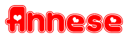 The image is a red and white graphic with the word Annese written in a decorative script. Each letter in  is contained within its own outlined bubble-like shape. Inside each letter, there is a white heart symbol.