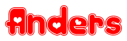 The image is a red and white graphic with the word Anders written in a decorative script. Each letter in  is contained within its own outlined bubble-like shape. Inside each letter, there is a white heart symbol.