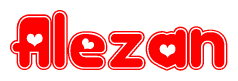 The image is a clipart featuring the word Alezan written in a stylized font with a heart shape replacing inserted into the center of each letter. The color scheme of the text and hearts is red with a light outline.