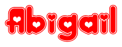 The image is a red and white graphic with the word Abigail written in a decorative script. Each letter in  is contained within its own outlined bubble-like shape. Inside each letter, there is a white heart symbol.
