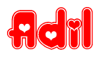 The image is a red and white graphic with the word Adil written in a decorative script. Each letter in  is contained within its own outlined bubble-like shape. Inside each letter, there is a white heart symbol.
