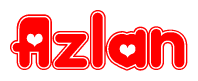The image displays the word Azlan written in a stylized red font with hearts inside the letters.