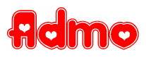 The image is a red and white graphic with the word Admo written in a decorative script. Each letter in  is contained within its own outlined bubble-like shape. Inside each letter, there is a white heart symbol.