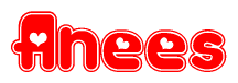 The image is a clipart featuring the word Anees written in a stylized font with a heart shape replacing inserted into the center of each letter. The color scheme of the text and hearts is red with a light outline.