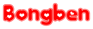 The image is a clipart featuring the word Bongben written in a stylized font with a heart shape replacing inserted into the center of each letter. The color scheme of the text and hearts is red with a light outline.