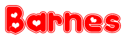 The image is a red and white graphic with the word Barnes written in a decorative script. Each letter in  is contained within its own outlined bubble-like shape. Inside each letter, there is a white heart symbol.
