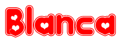 The image is a clipart featuring the word Blanca written in a stylized font with a heart shape replacing inserted into the center of each letter. The color scheme of the text and hearts is red with a light outline.