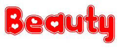 The image is a clipart featuring the word Beauty written in a stylized font with a heart shape replacing inserted into the center of each letter. The color scheme of the text and hearts is red with a light outline.