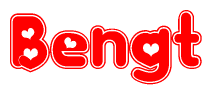 The image is a red and white graphic with the word Bengt written in a decorative script. Each letter in  is contained within its own outlined bubble-like shape. Inside each letter, there is a white heart symbol.