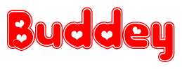 The image is a red and white graphic with the word Buddey written in a decorative script. Each letter in  is contained within its own outlined bubble-like shape. Inside each letter, there is a white heart symbol.